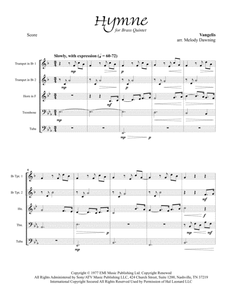 Free Sheet Music Hymne Vangelis For Brass Quintet