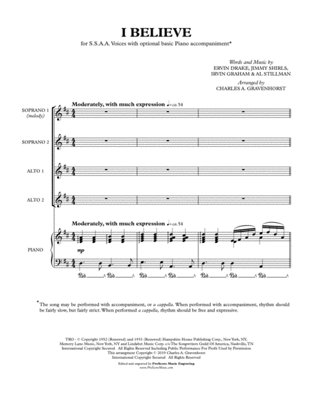 Free Sheet Music I Believe For Ev Ry Drop Of Rain That Falls Ssaa With Opt Piano