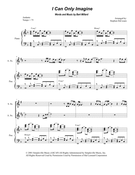 Free Sheet Music I Can Only Imagine Duet For Soprano And Alto Saxophone