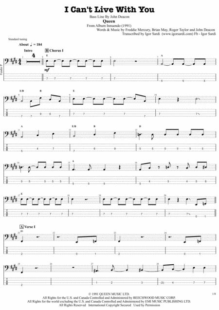 I Cant Live With You Queen John Deacon Complete And Accurate Bass Transcription Whit Tab Sheet Music