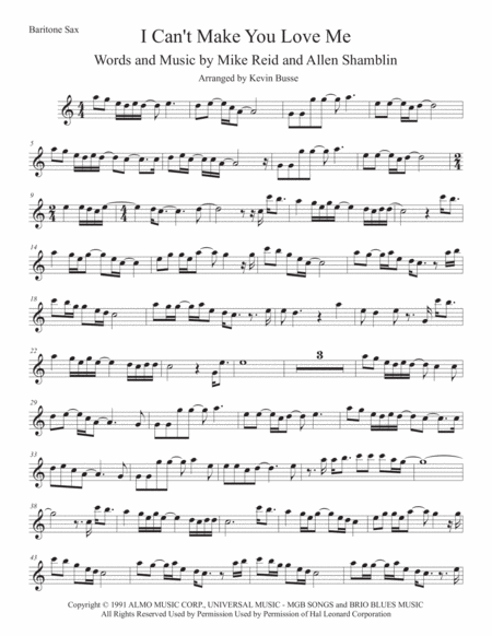 I Cant Make You Love Me Bari Sax Easy Key Of C Sheet Music