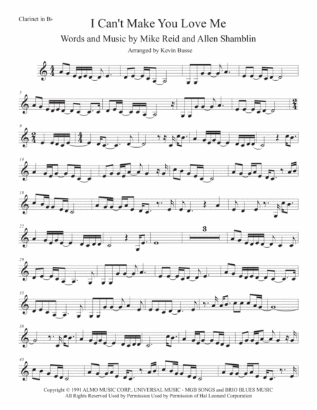 Free Sheet Music I Cant Make You Love Me Clarinet Easy Key Of C