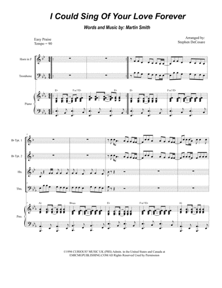 Free Sheet Music I Could Sing Of Your Love Forever For Brass Quartet And Piano