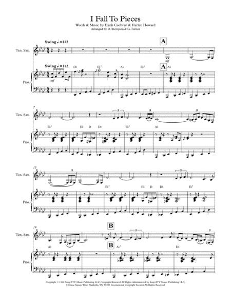 I Fall To Pieces For Tenor Sax Solo With Piano Accompaniment Patsy Cline Trisha Yearwood Sheet Music