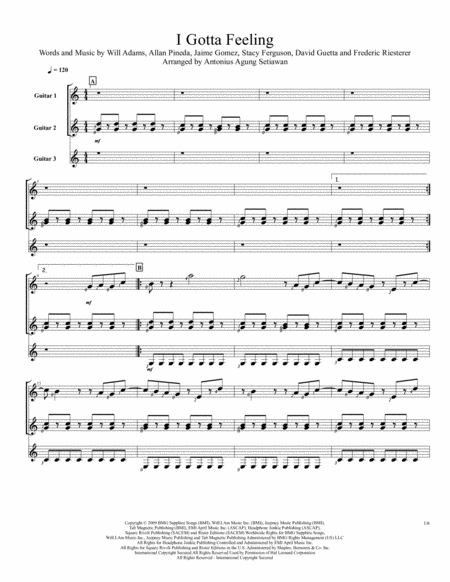 I Gotta Feeling Trio Guitar Score Sheet Music