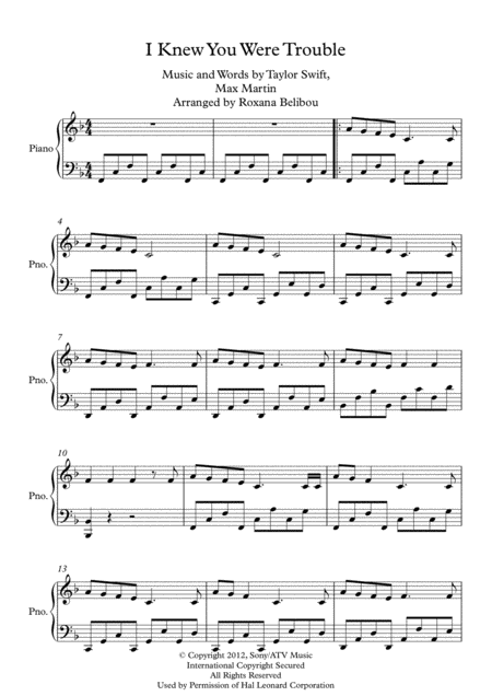 I Knew You Were Trouble Piano Sheet Music