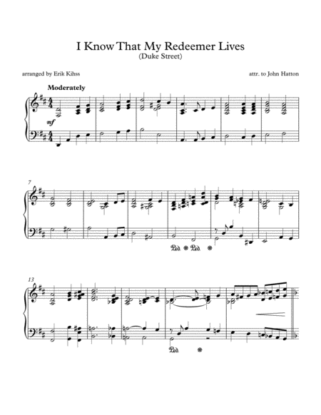 Free Sheet Music I Know That My Redeemer Lives Duke Street Piano Arrangement By Erik Kihss