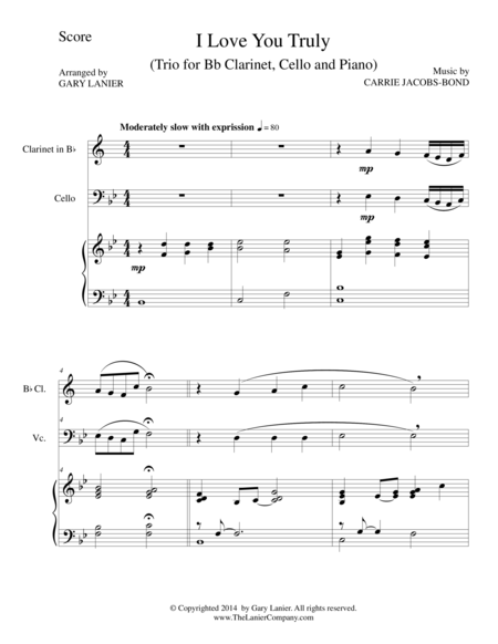 Free Sheet Music I Love You Truly Trio Bb Clarinet Cello And Piano With Score And Parts