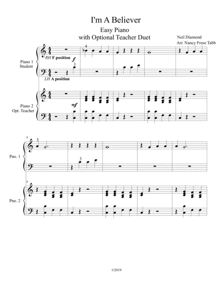 I M A Believer Easy Piano With Optional Teacher Duet Sheet Music