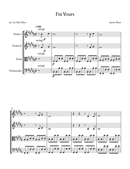 Free Sheet Music I M Yours For String Quartet