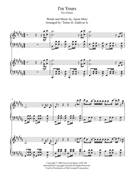 Free Sheet Music I M Yours Two Piano Duet