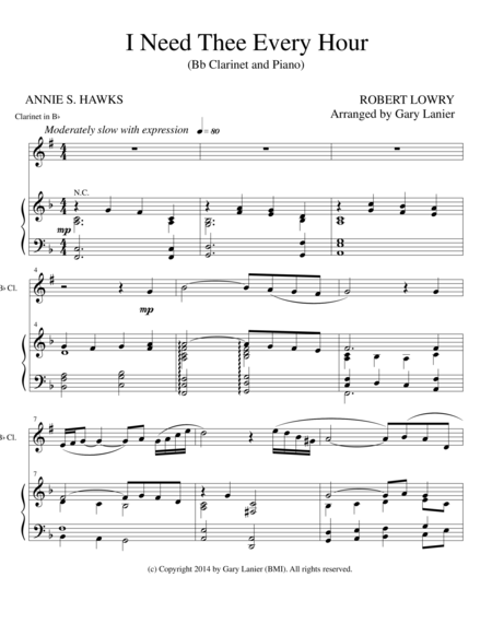 I Need Thee Every Hour Bb Clarinet Solo With Piano And Clarinet Part Sheet Music