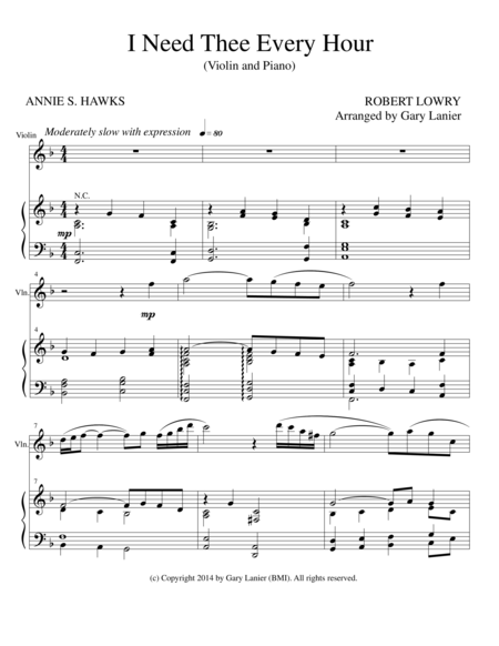 Free Sheet Music I Need Thee Every Hour Violin Solo With Piano And Vln Part