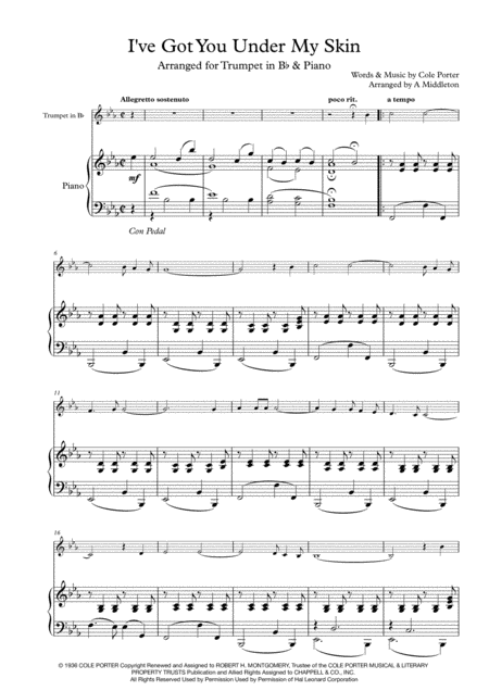 Free Sheet Music I Ve Got You Under My Skin For Trumpet Piano
