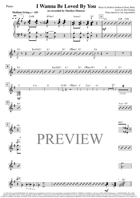 I Wanna Be Loved By You Piano Transcription Of The Original Marilyn Monroe Recording Sheet Music