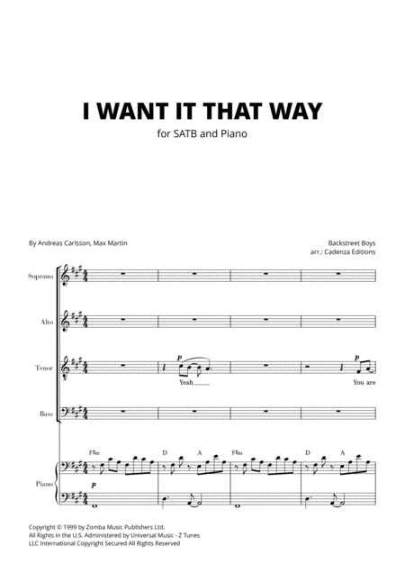 I Want It That Way For Satb And Piano Sheet Music