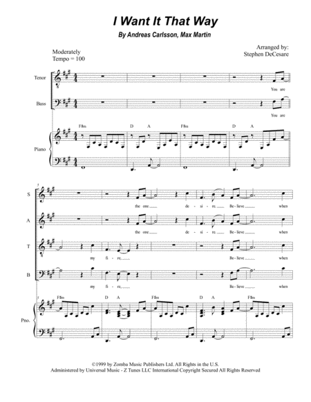 Free Sheet Music I Want It That Way For Satb