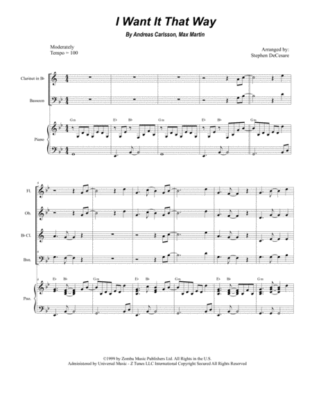 Free Sheet Music I Want It That Way For Woodwind Quartet And Piano