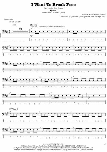 I Want To Break Free Queen John Deacon Complete And Accurate Bass Transcription Whit Tab Sheet Music