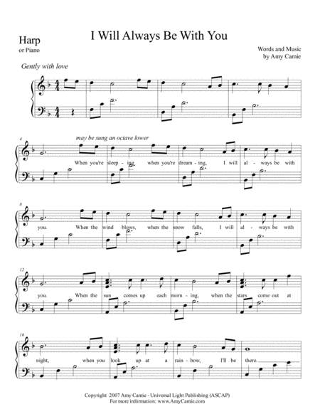 Free Sheet Music I Will Always Be With You Harp In F Optional Voice