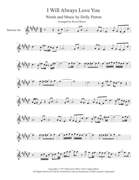 I Will Always Love You Sax Solo Included Bari Sax Sheet Music