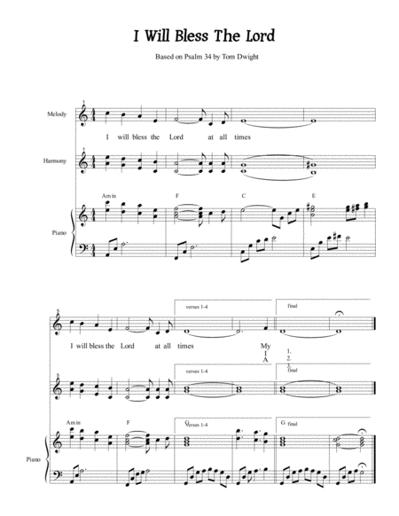 Free Sheet Music I Will Bless The Lord Based On Psalm 34