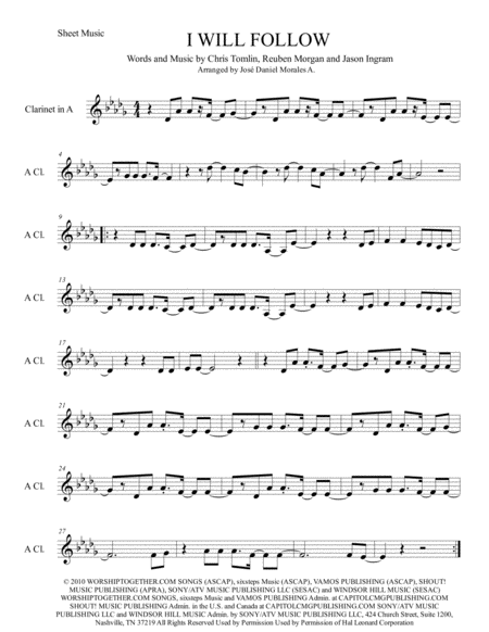 Free Sheet Music I Will Follow For Clarinet In A