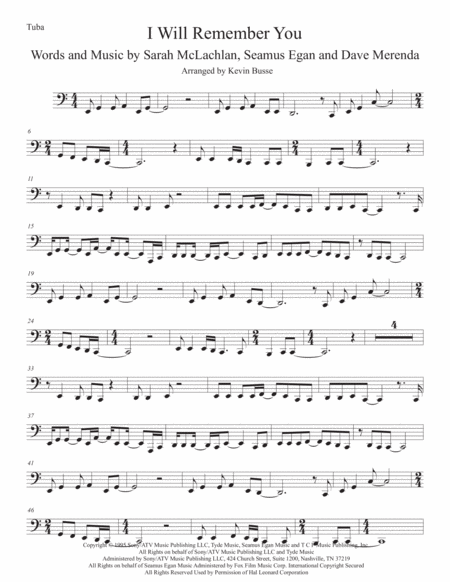 I Will Remember You Tuba Easy Key Of C Sheet Music