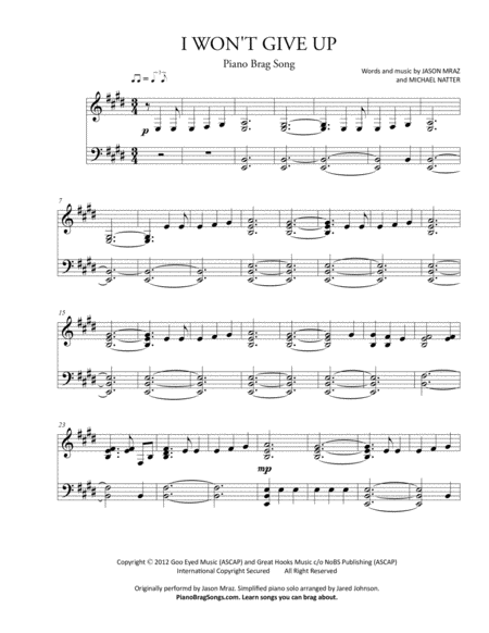 Free Sheet Music I Wont Give Up Short Piano Solo Jason Mraz