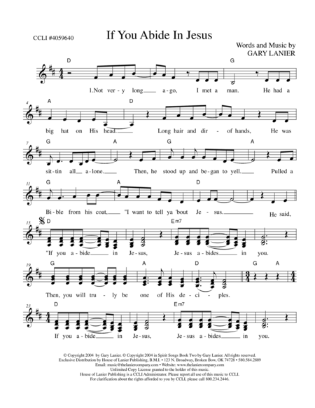 If You Abide In Jesus Lead Sheet With Melody Chords Lyrics Sheet Music