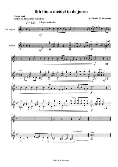 Free Sheet Music Ikh Bin E Meidel In De Joren I Am A Girl Come Of Age For Cor Anglais And Guitar