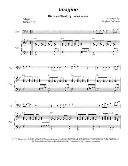 Imagine For Cello Solo And Piano Sheet Music