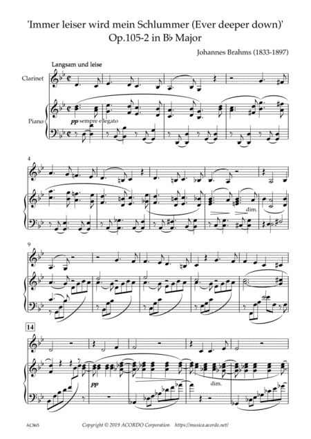 Free Sheet Music Immer Leiser Wird Mein Schlummer Ever Deeper Down Op 105 2 In B Flat Major For Clarinet Piano