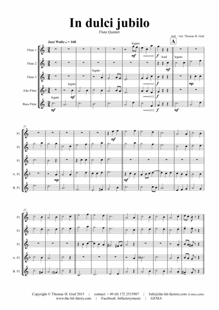 In Dulci Jubilo Christmas Song Jazz Waltz Flute Quintet Sheet Music