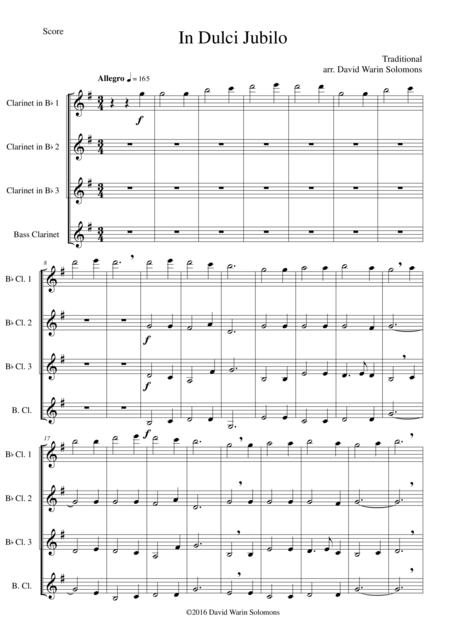 In Dulci Jubilo For Clarinet Quartet 3 B Flats 1 Bass Sheet Music