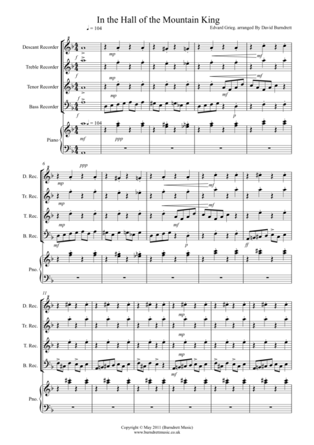 Free Sheet Music In The Hall Of The Mountain King For Recorder Quartet