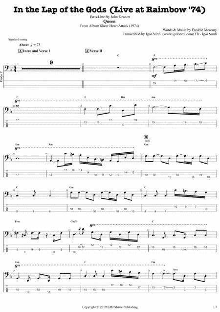 Free Sheet Music In The Lap Of The Gods Live Rainbow 74 Queen John Deacon Complete And Accurate Bass Transcription Whit Tab