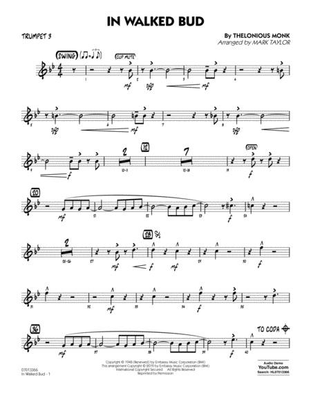 In Walked Bud Arr Mark Taylor Trumpet 3 Sheet Music