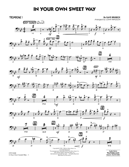 In Your Own Sweet Way Arr John Wasson Trombone 1 Sheet Music