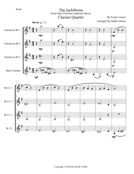 Inch Worm For Clarinet Quartet Sheet Music