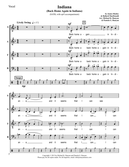 Indiana Back Home Again In Indiana Satb Swing Ver Sheet Music