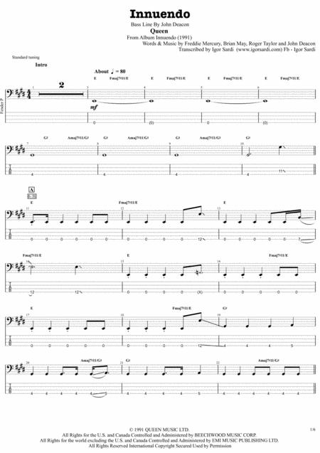 Free Sheet Music Innuendo Queen John Deacon Complete And Accurate Bass Transcription Whit Tab