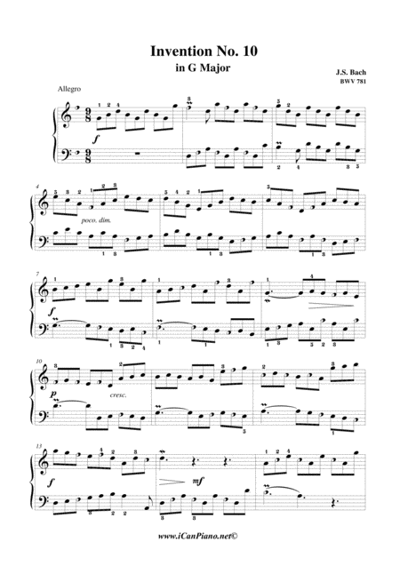 Invention 10 In G Bwv 781 Js Bach Icanpiano Style Sheet Music