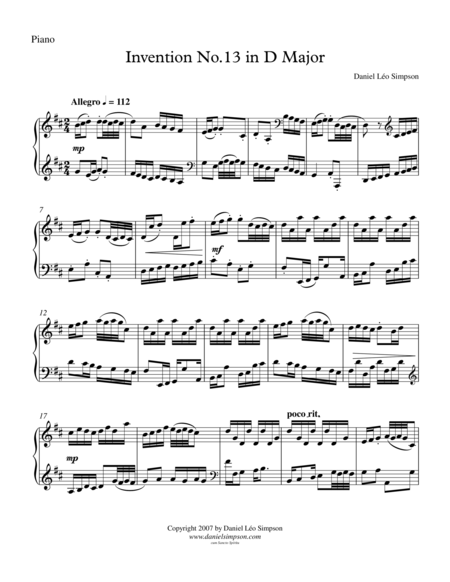 Free Sheet Music Invention No 13 In D Major