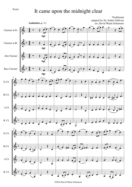 It Came Upon The Midnight Clear For Clarinet Quartet E Flat Bflat Alto And Bass Sheet Music