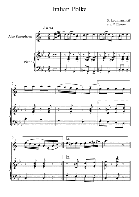 Italian Polka Sergei Rachmaninoff For Alto Saxophone Piano Sheet Music