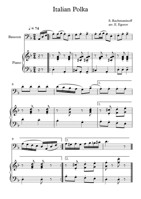 Italian Polka Sergei Rachmaninoff For Bassoon Piano Sheet Music