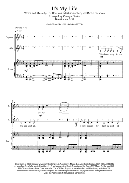 Free Sheet Music Its My Life Bon Jovi For Ssa Choir Piano