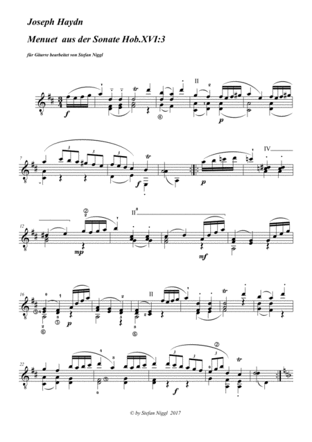 J Haydn Menuet From Sonata Hob Xvi 3 For Guitar Sheet Music