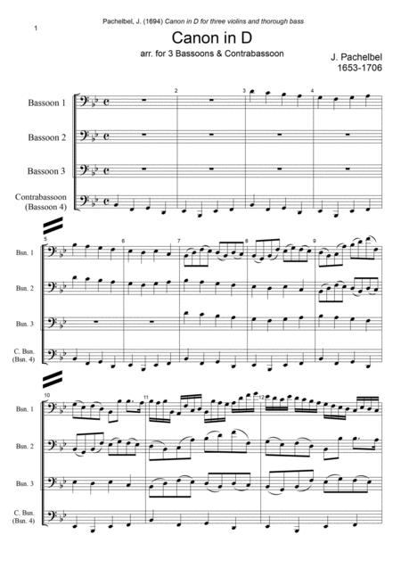 J Pachelbel Canon In D Dur Arr For Bassoon Quartet Sheet Music